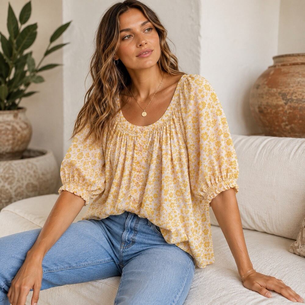Sundry Size 3 Large Floral Blouse Yellow Pink Puff Sleeve Cotton Cottagecore